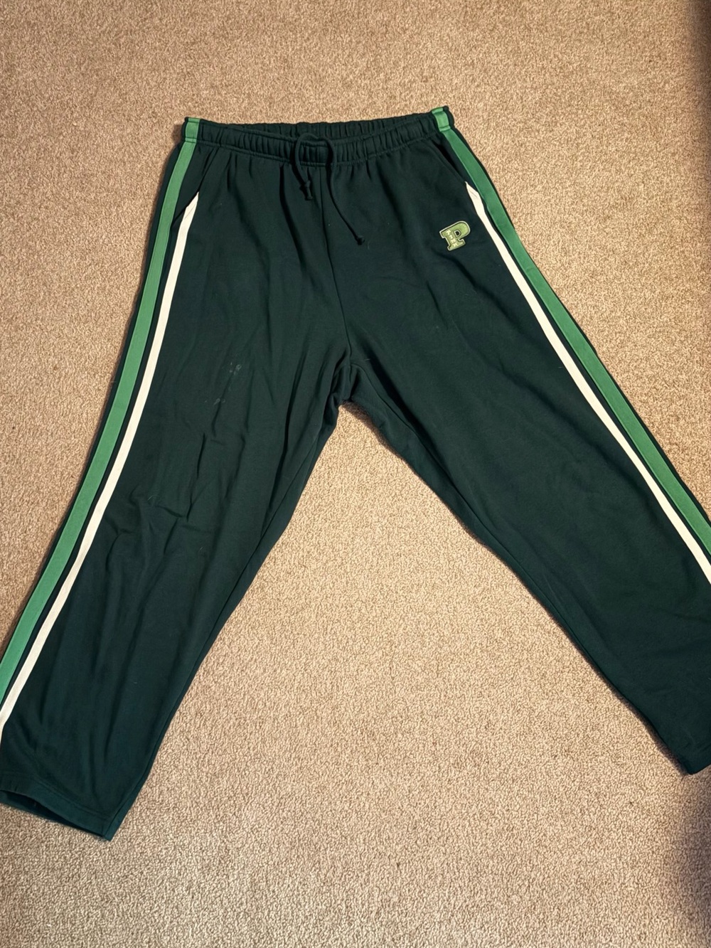 PINK Victoria's Secret Dark Green Joggers with Green & White Side Stripes